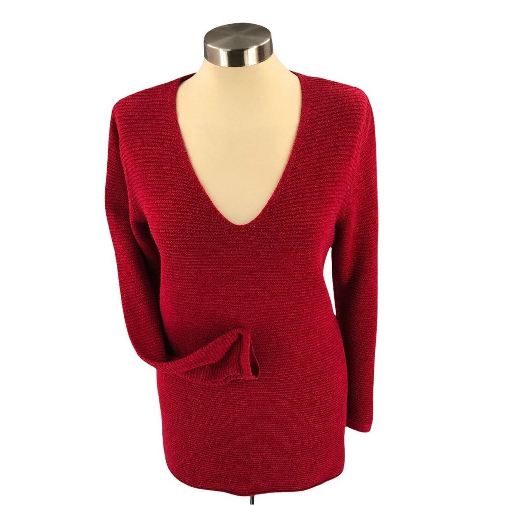 Old Navy Womens Sweater Large Red Pullover Waffle Knit Long Sleeve Slit Ladies